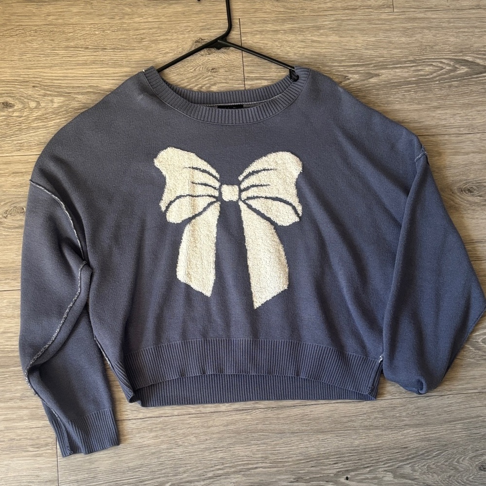 Stylish blue Sweater with White Bow